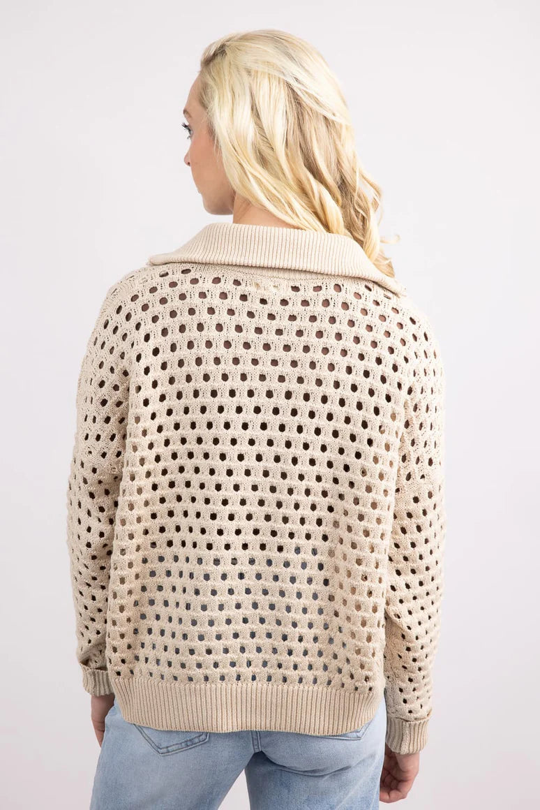 Elan Open-Knit V Neck Zip Front Sweater Top | Shop Eleanor - Women's Boutique in Colorado