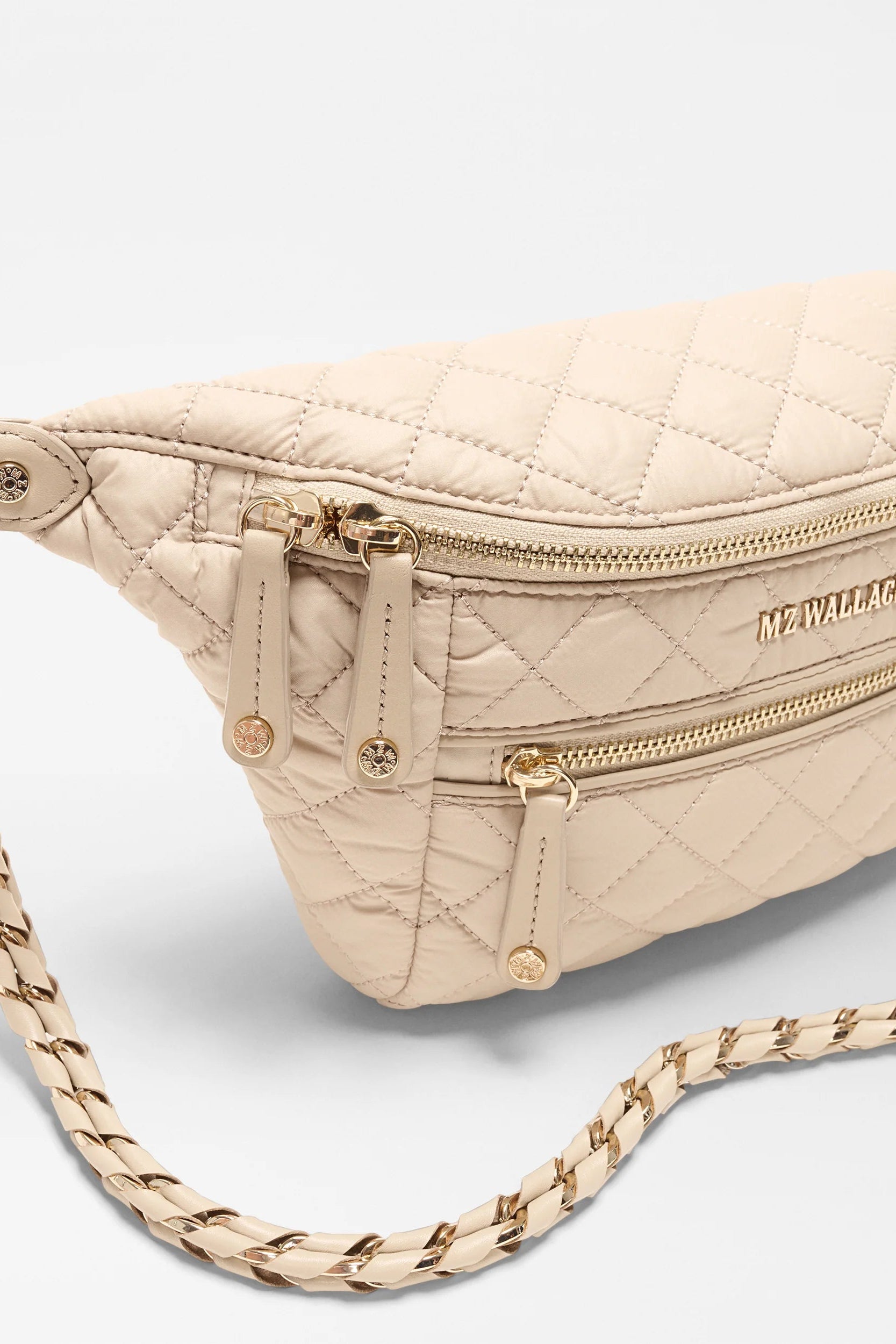 MZ Wallace Small Crosby Crossbody quilted puffer fanny pack in Beige | Shop Eleanor