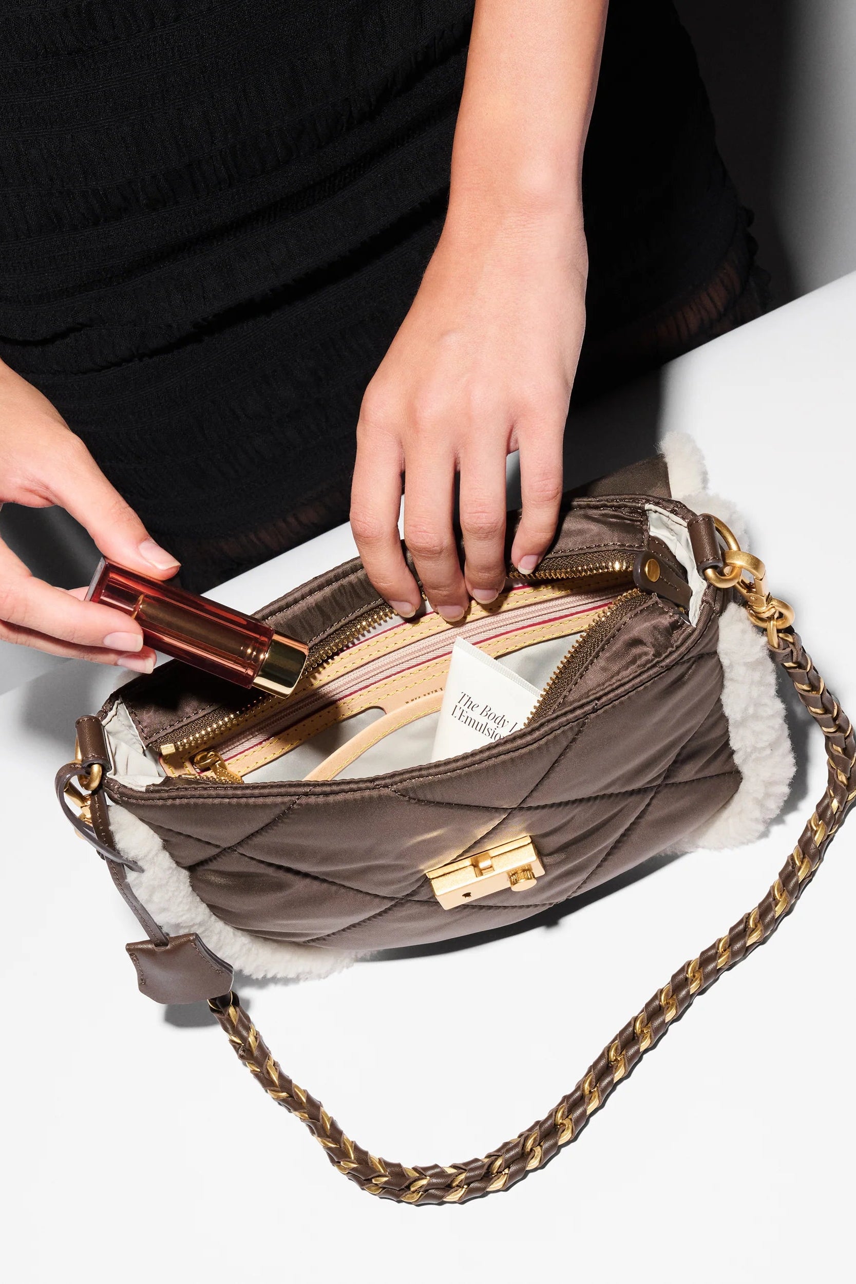 MZ Wallace Crosby Lock Saddle in Shearling/Walnut | Shop Eleanor