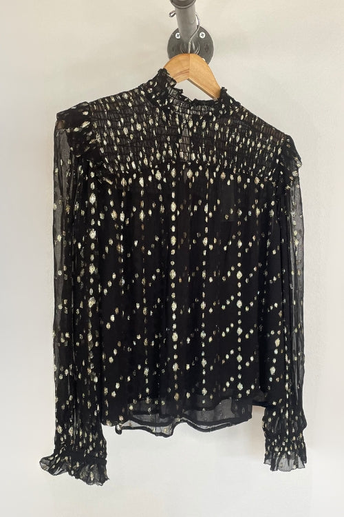 Black Geo Print Ruffle Top