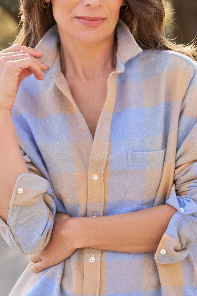 Frank & Eileen Relaxed Mid-weight Cotton Flannel in Blue/Camel Plaid | Shop Eleanor - Women's Luxury Apparel in Louisville, CO