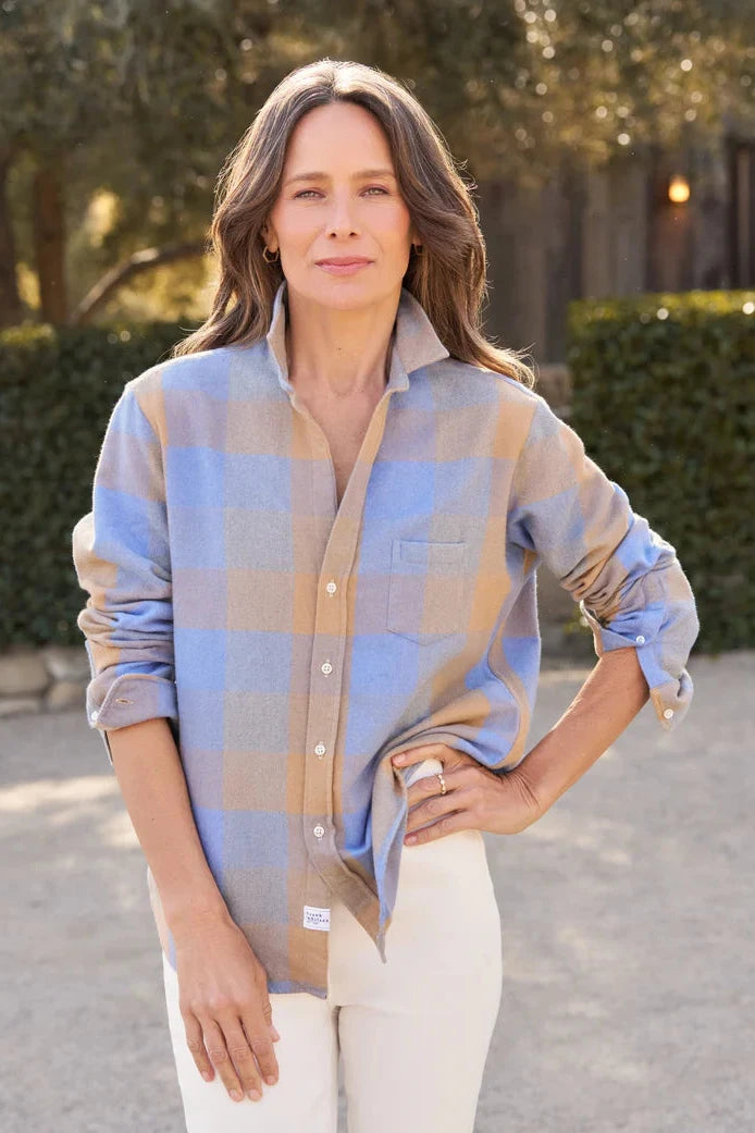 Frank & Eileen Relaxed Button-Up Flannel Shirt in Blue/Camel Plaid | Shop Eleanor - Women's High-quality Apparel Boutique near Denver