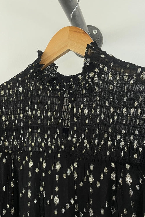 Black Geo Print Ruffle Top