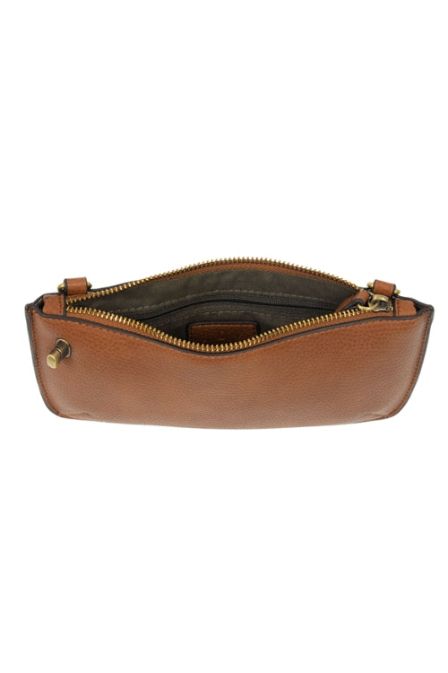 Brown leather pouch with gold zipper on a white background