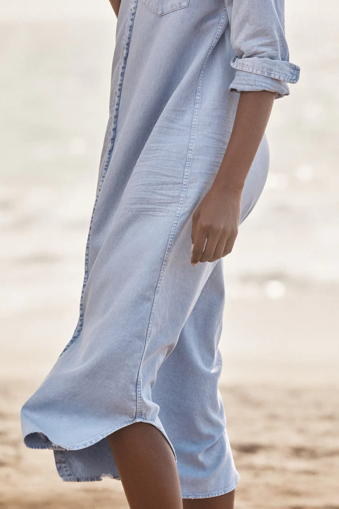 Frank & Eileen Rory Denim Maxi Dress in Pool Water Blue | Shop Eleanor