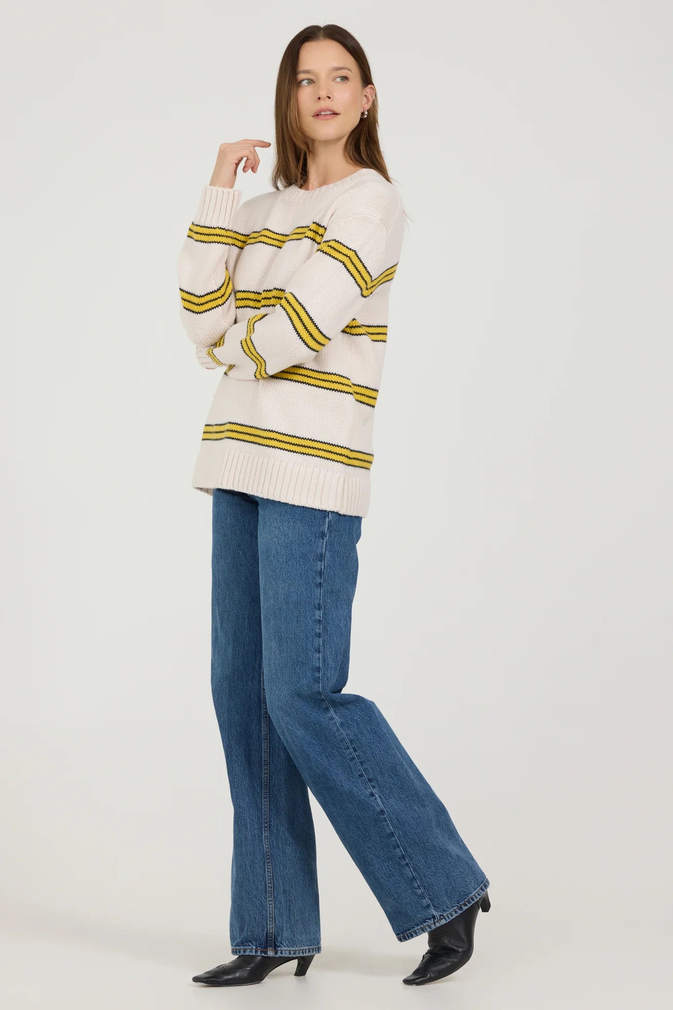 beige crewneck cotton sweater with yellow and navy striped | Shop Eleanor - Women's Luxury Apparel in Colorado