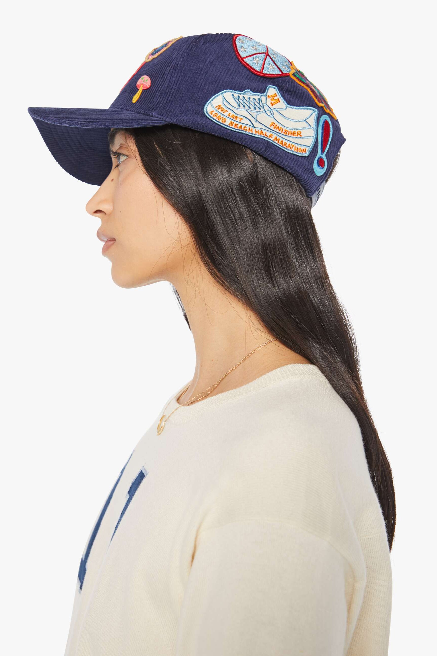 Mother Denim The Navy Corduroy Cap with Playful Patches in Not Last | Shop Eleanor - Women's Designer Online Boutique