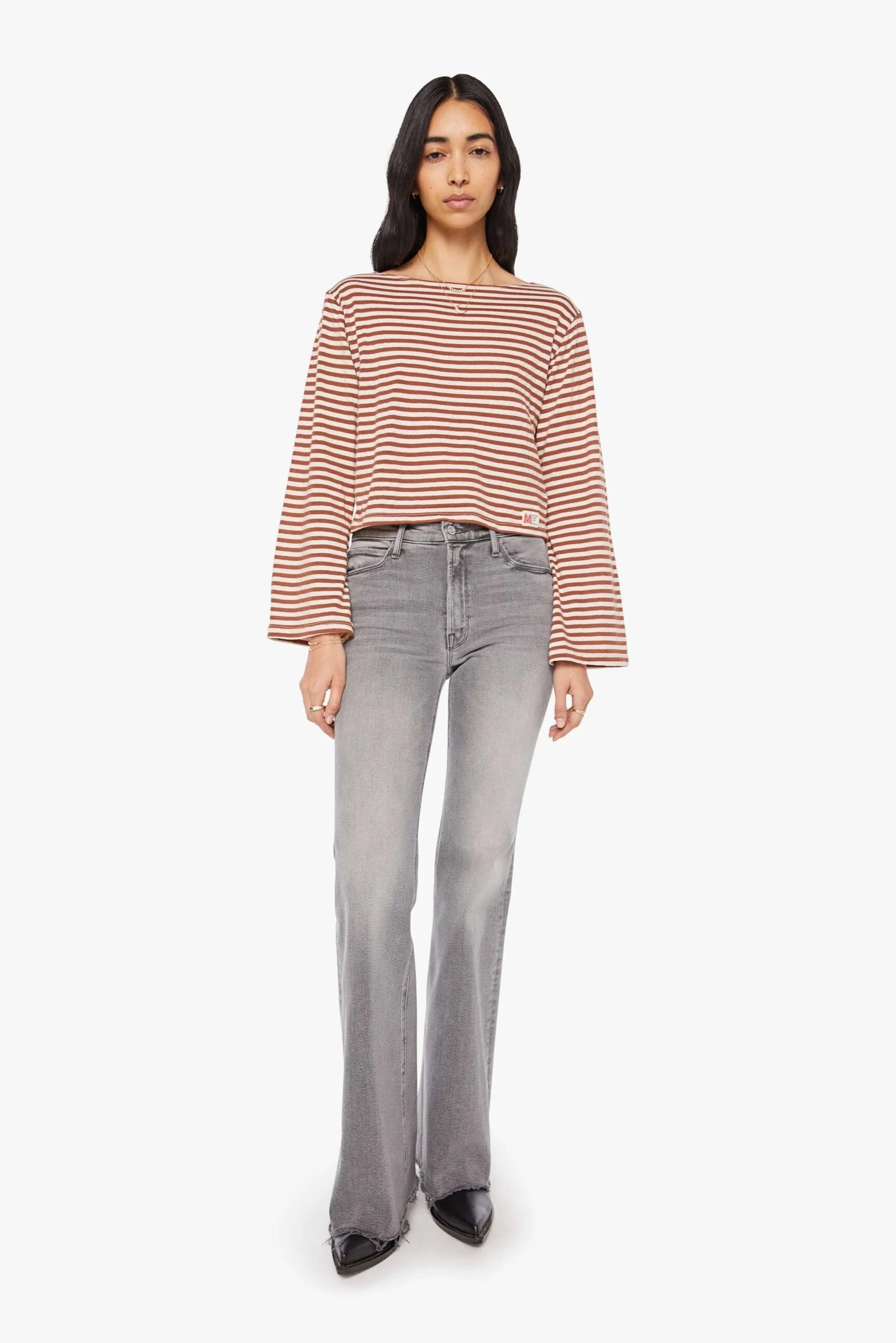 Brown and White Striped Long Bell Sleeve Shirt | Shop Eleanor - Women's Casual and High-quality Clothing in Louisville, CO