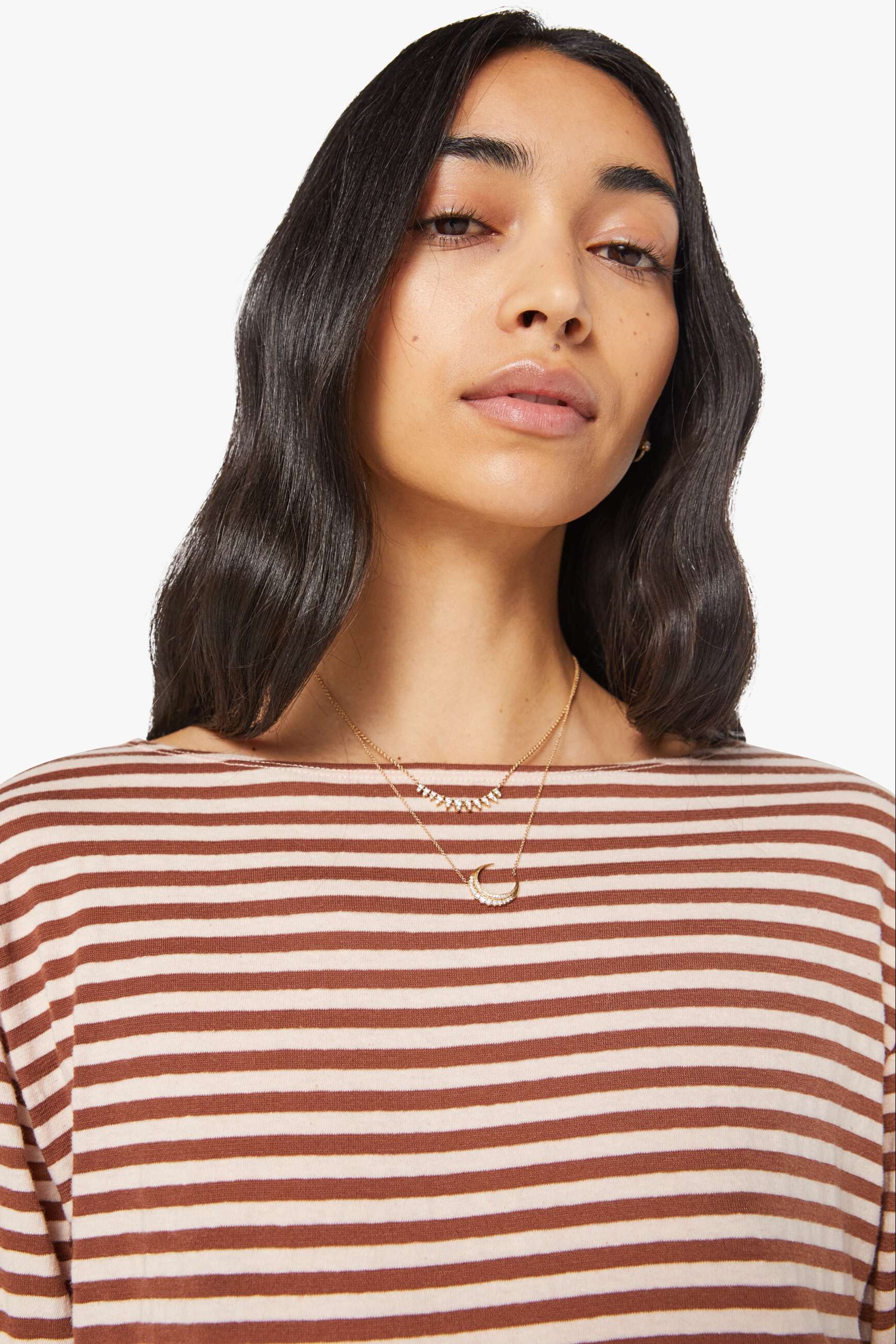 Boat neck bell sleeve tops with brown and white striped | Shop Elenaor - Women's Designer Clothing in Colorado