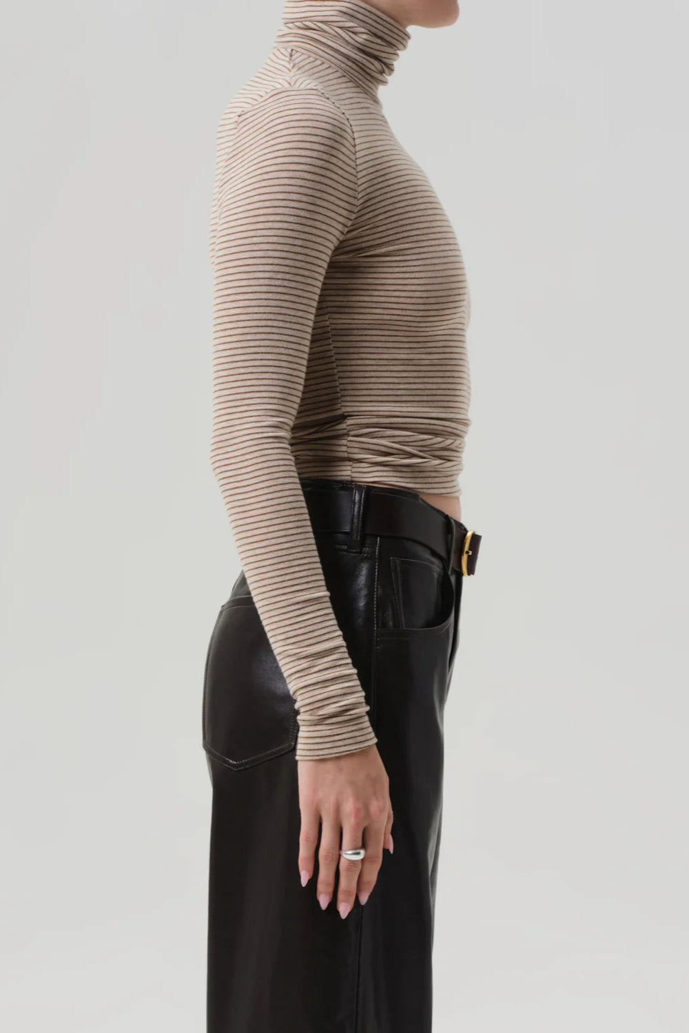 brown on brown soft stretch turtleneck shirt for layering