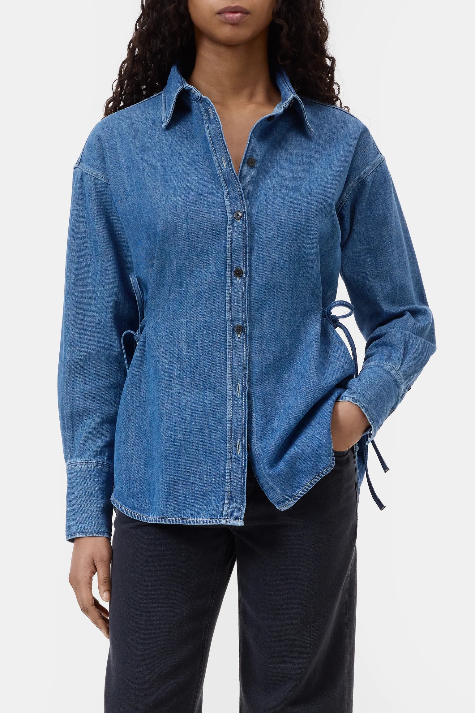 denim cinch waist button up shirt
