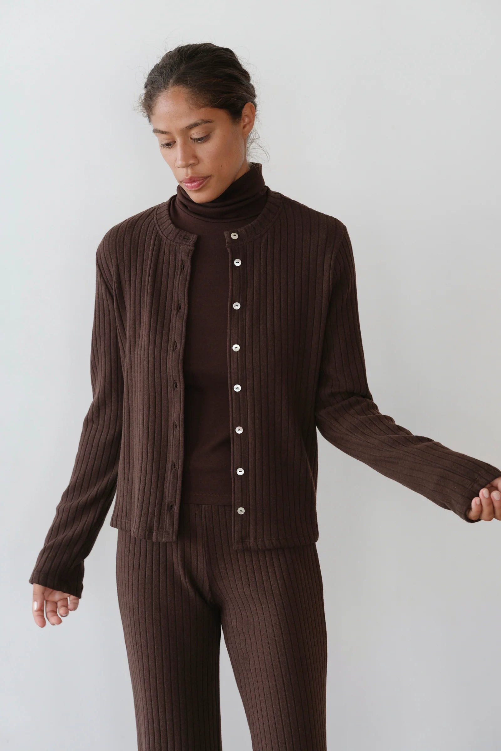 Donni Sweater Rib Cardi in Espresso | Shop Eleanor - Women's Essentials