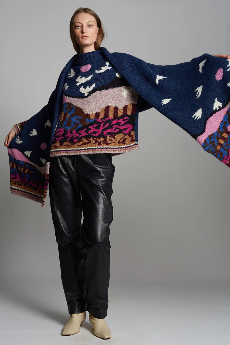 colorful patterned long and dramatic scarf perfect for the colorado winters