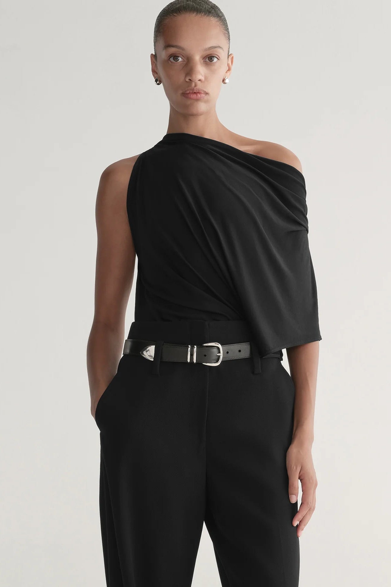 A.L.C. Emi One Shoulder Asymmetrical Tee in Black | Shop Eleanor