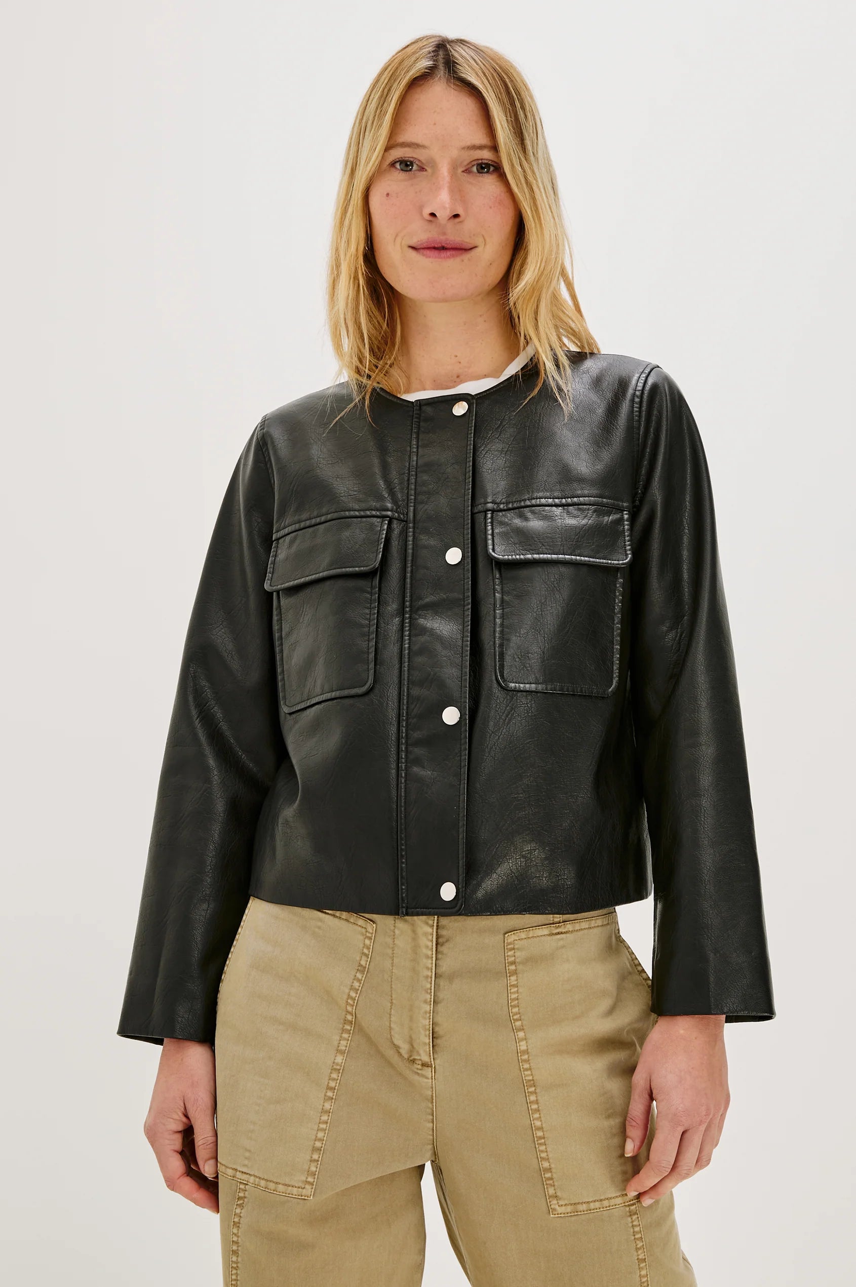 Rails Round Neck Faux Leather Jacket with Chest Patch Pockets | Shop Eleanor - Women's Designer Apparel Boutique in Colorado