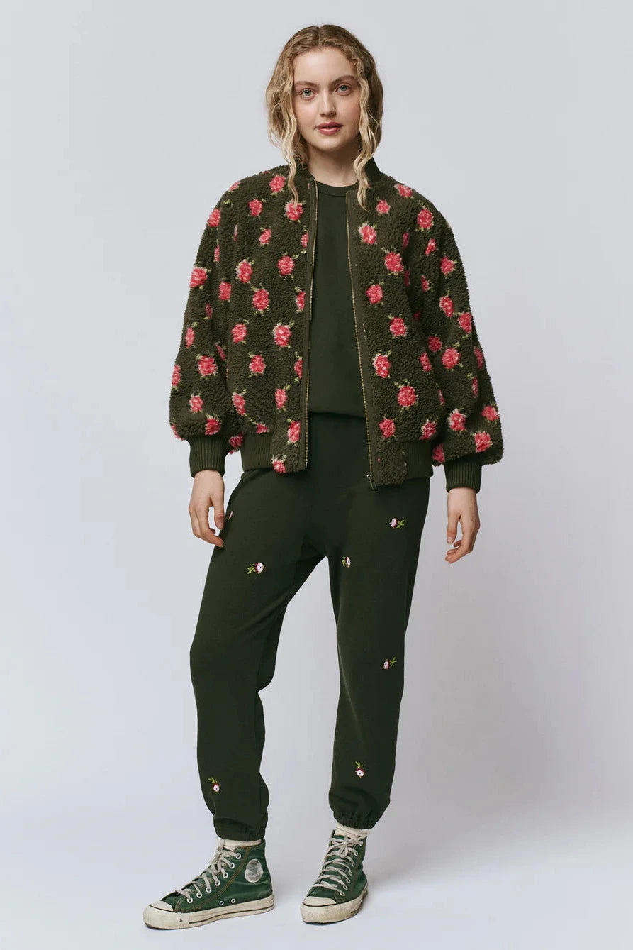 Green Soft Fleece Bomber Jacker with Rose Print | Shop Eleanor - Women's Designer Fleeces and Outerwear in Colorado