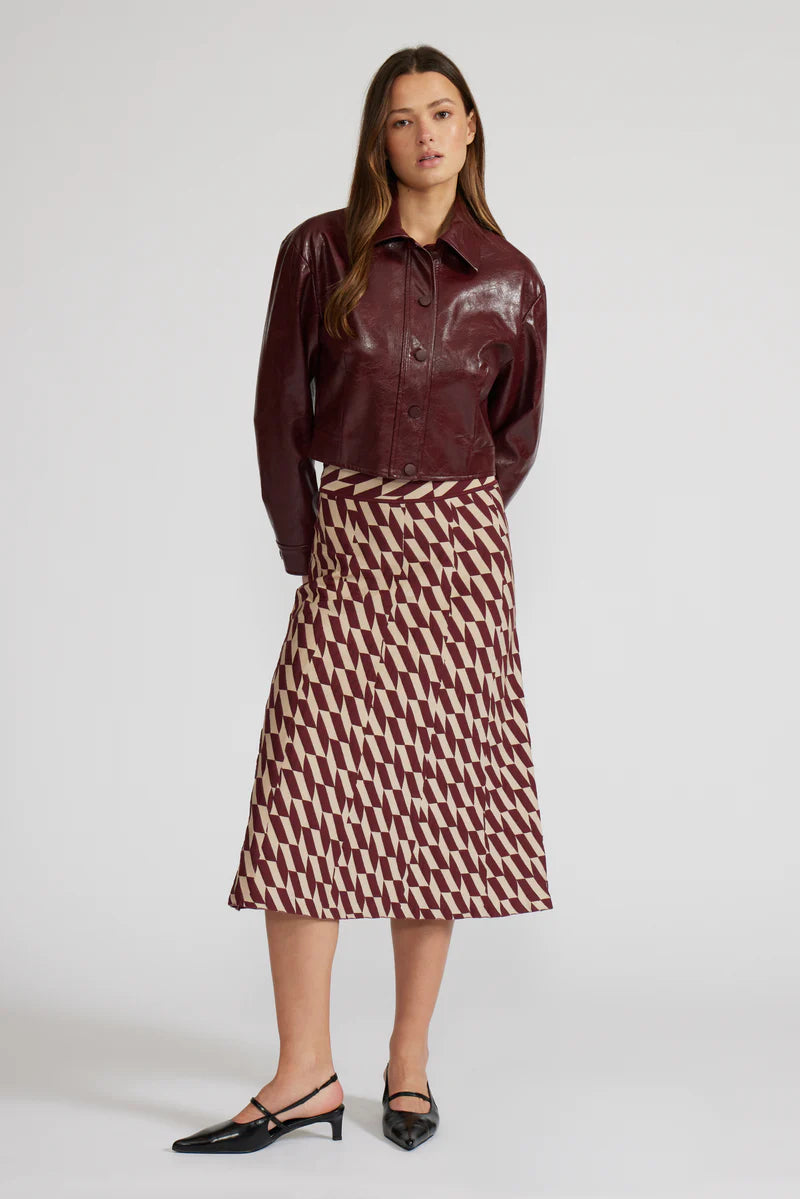 Lucy Paris Caleb Faux Leather Collared Jacket in Burgundy | Shop Eleanor