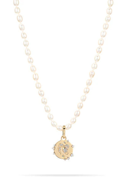 Adina Reyter Zodiac Diamond Aquarius Charm on Pearl Necklace | Shop Eleanor