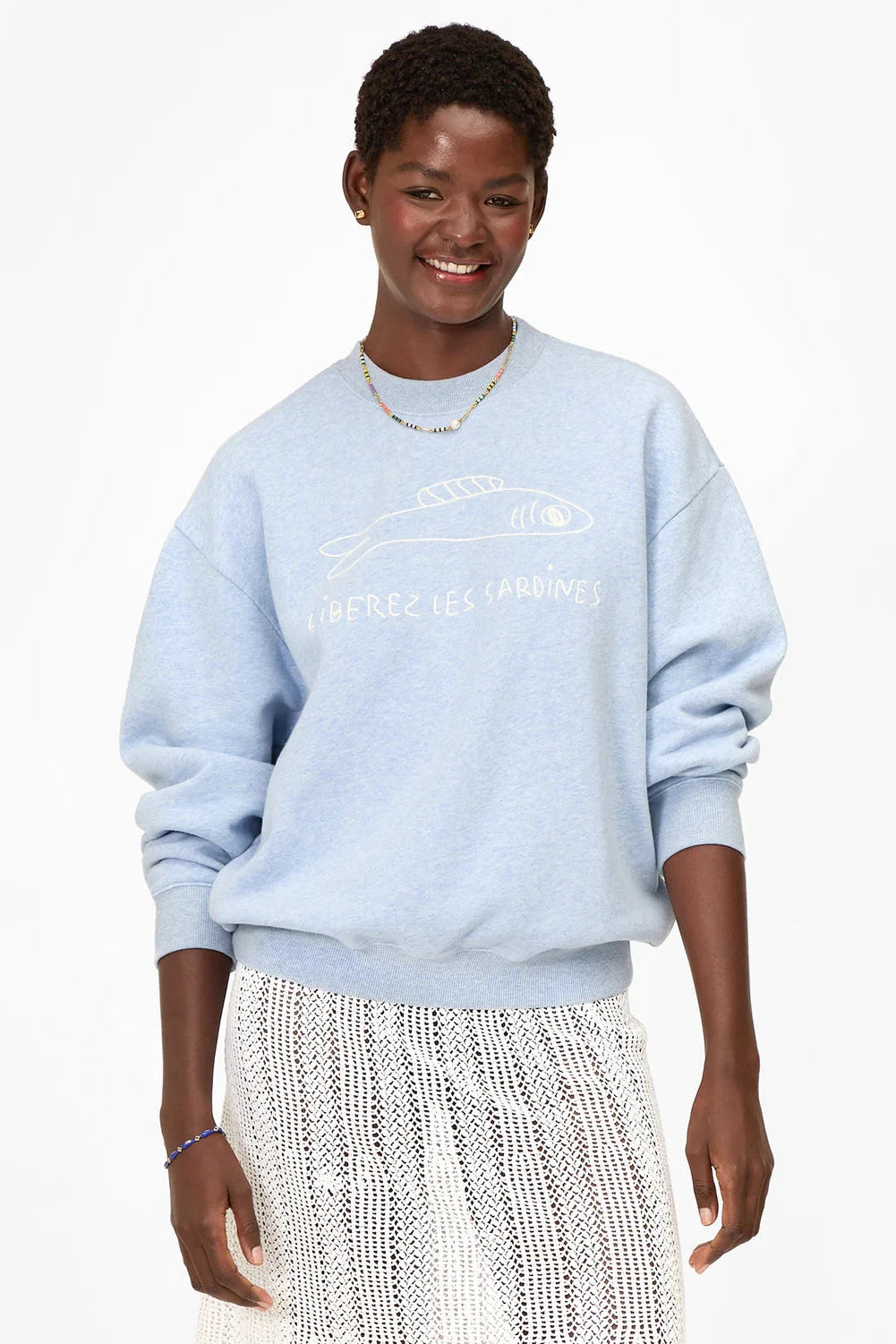 The Clare V. Liberez Les Sardines Sweatshirt in Heather Blue | Shop Eleanor