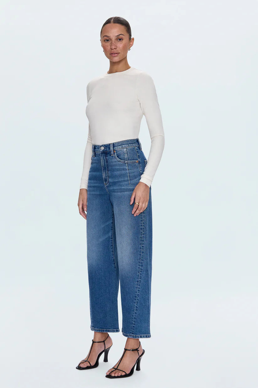 Pistola Kyra High Rise Unique Curved Outseam Jeans in Blue | Shop Eleanor - Women's Online Designer Apparel Boutique