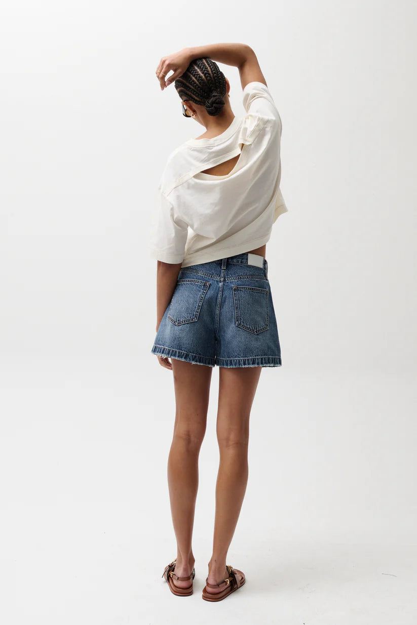clean hem finish a-line denim short
