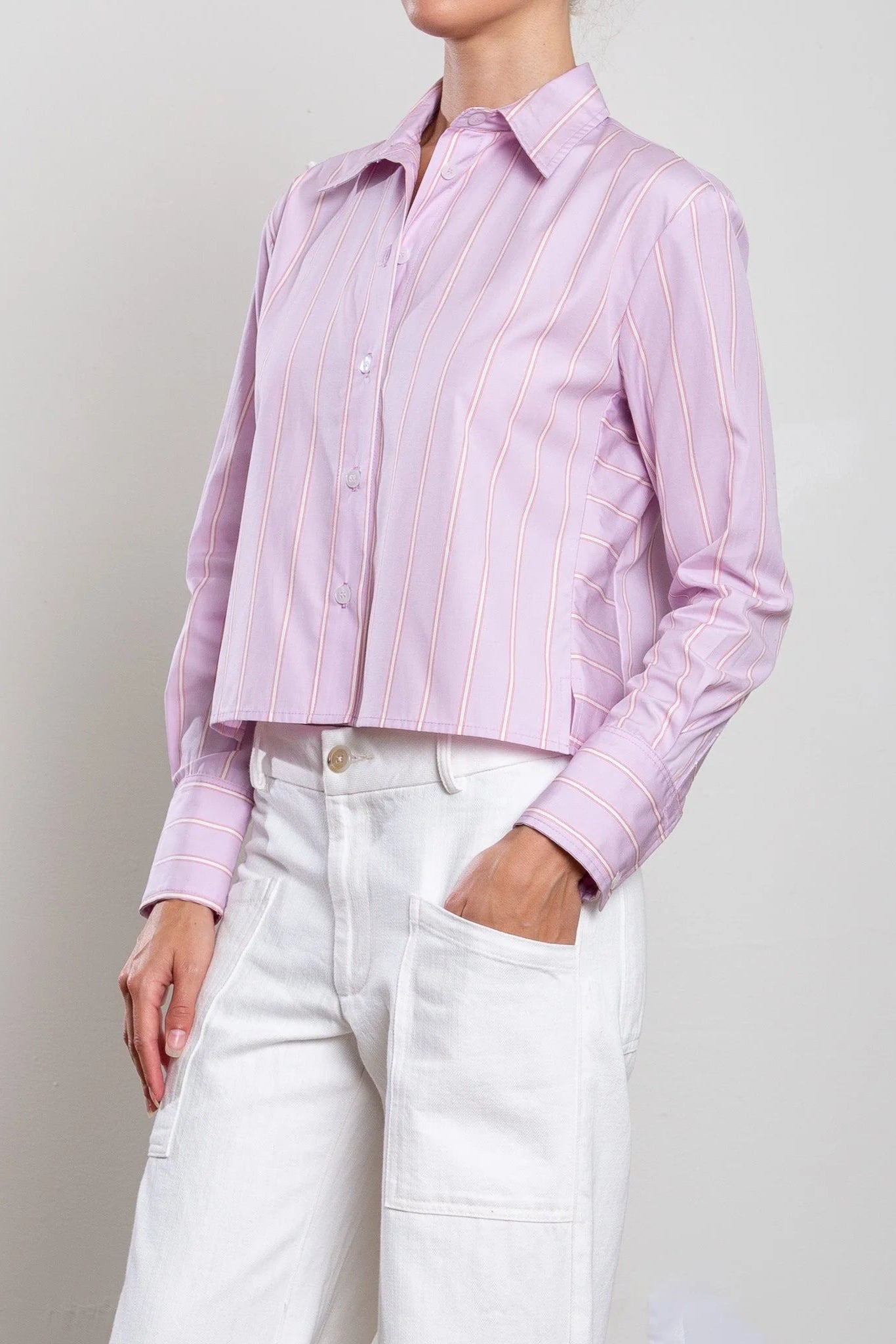 Lilac and orange stripe button down shirt made from crisp cotton material
