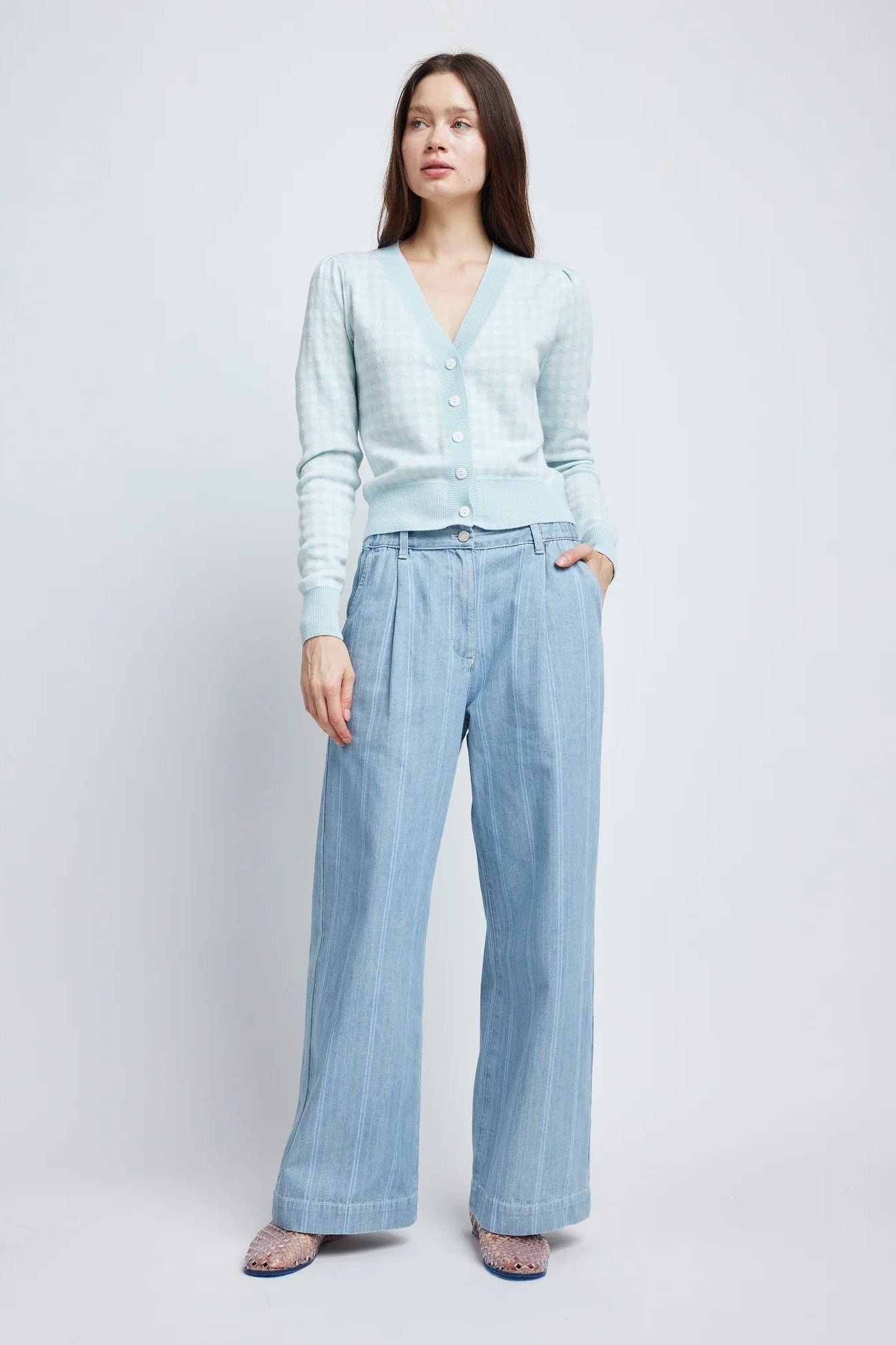 The Self Contrast Zara Cardigan in Blue Gingham | Shop Eleanor