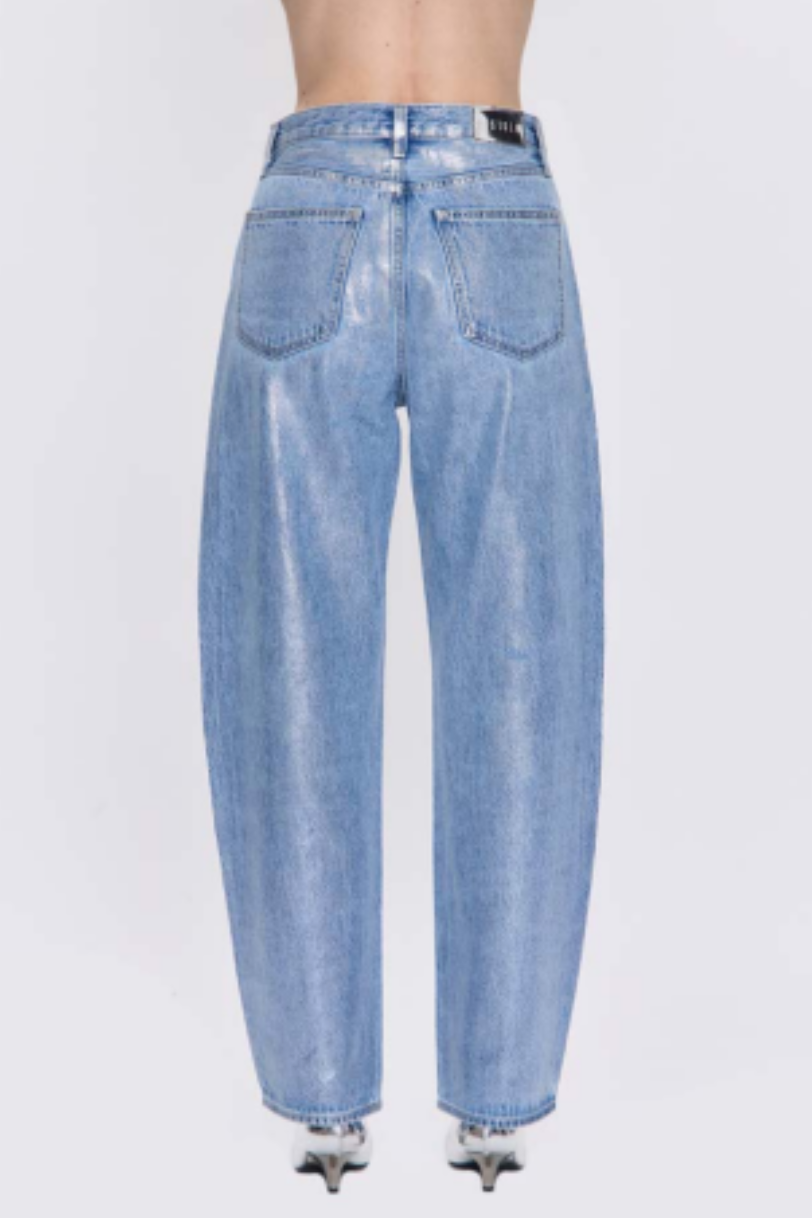 Pistola Wes High Rise Full Inseam Wide Barrel Leg Jean in Light blue wash waxed denim | Shop Eleanor