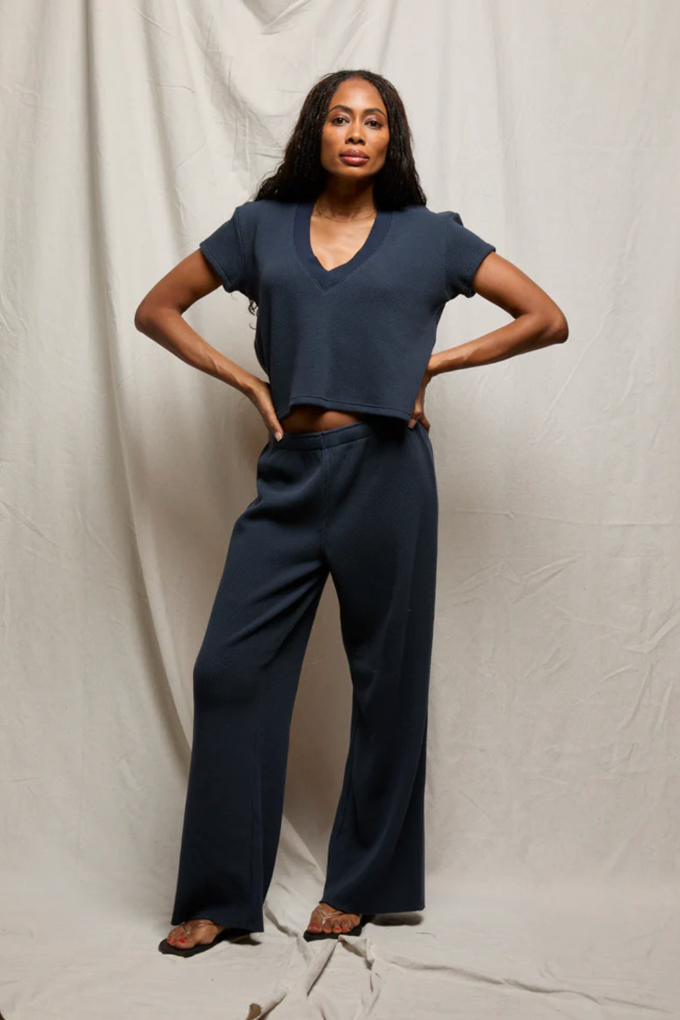 Th Perfect White Tee Shane Waffle Pants in Navy | Shop Eleanor