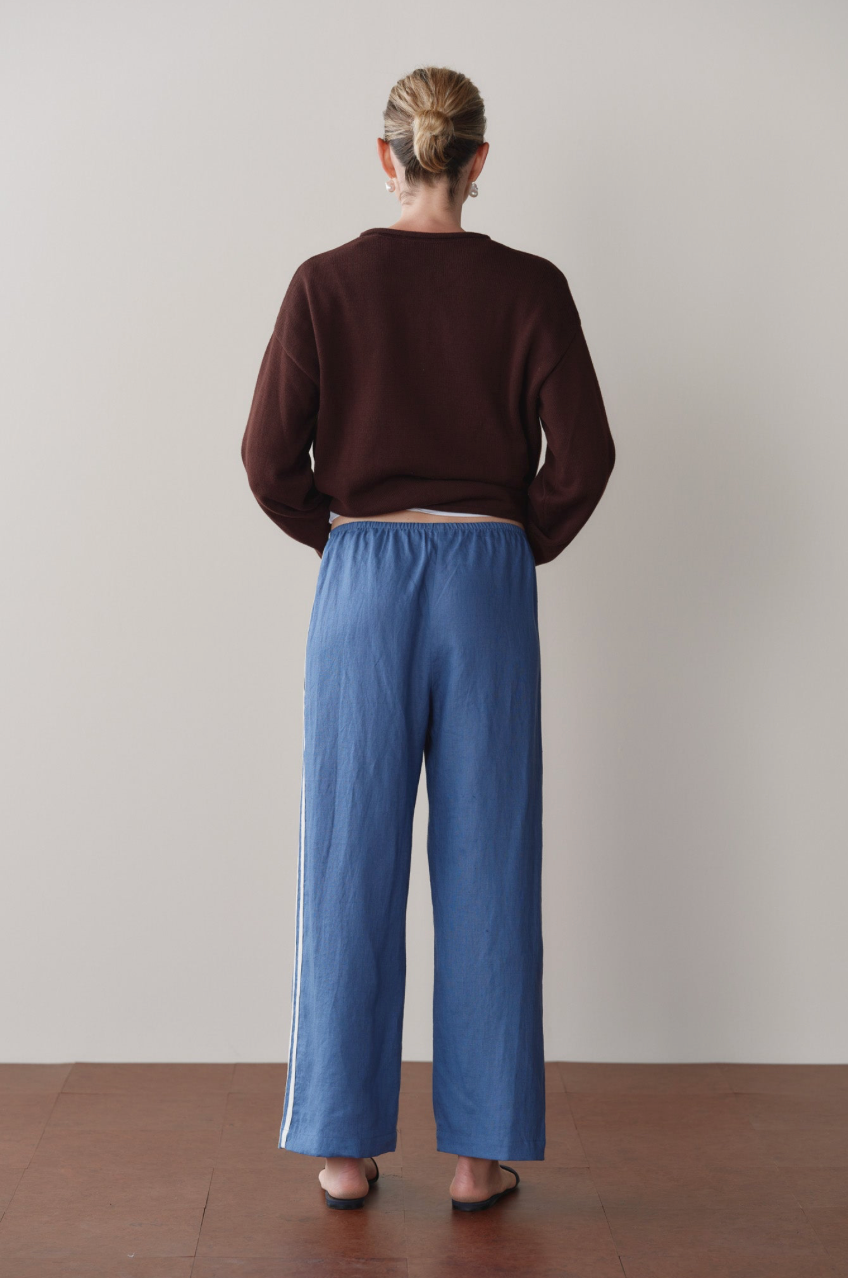 The Donni Linen Crop Stripe Pant in Lapis | Shop Eleanor