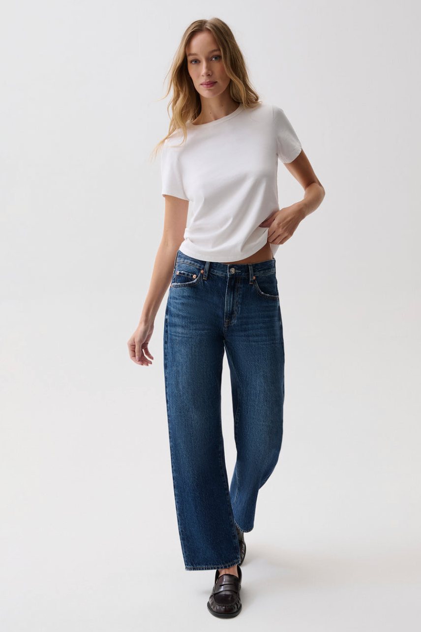 The Pistola Lexi Mid Rise Bowed Straight Jean in Moonwave | Shop Eleanor