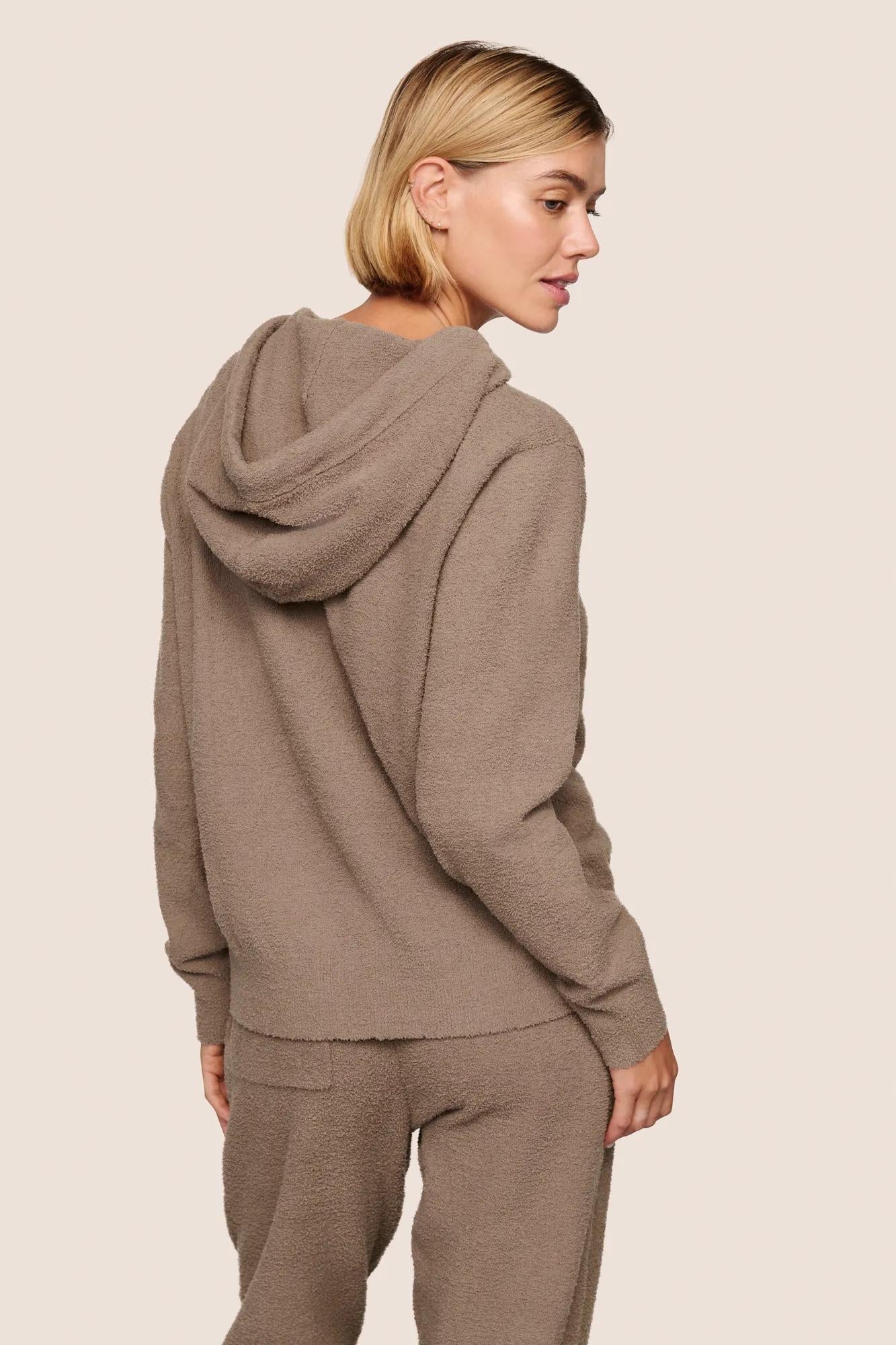 Eberjey Recycled Polyester Relaxed Boucle Hoodie in Deep Taupe | Shop Eleanor