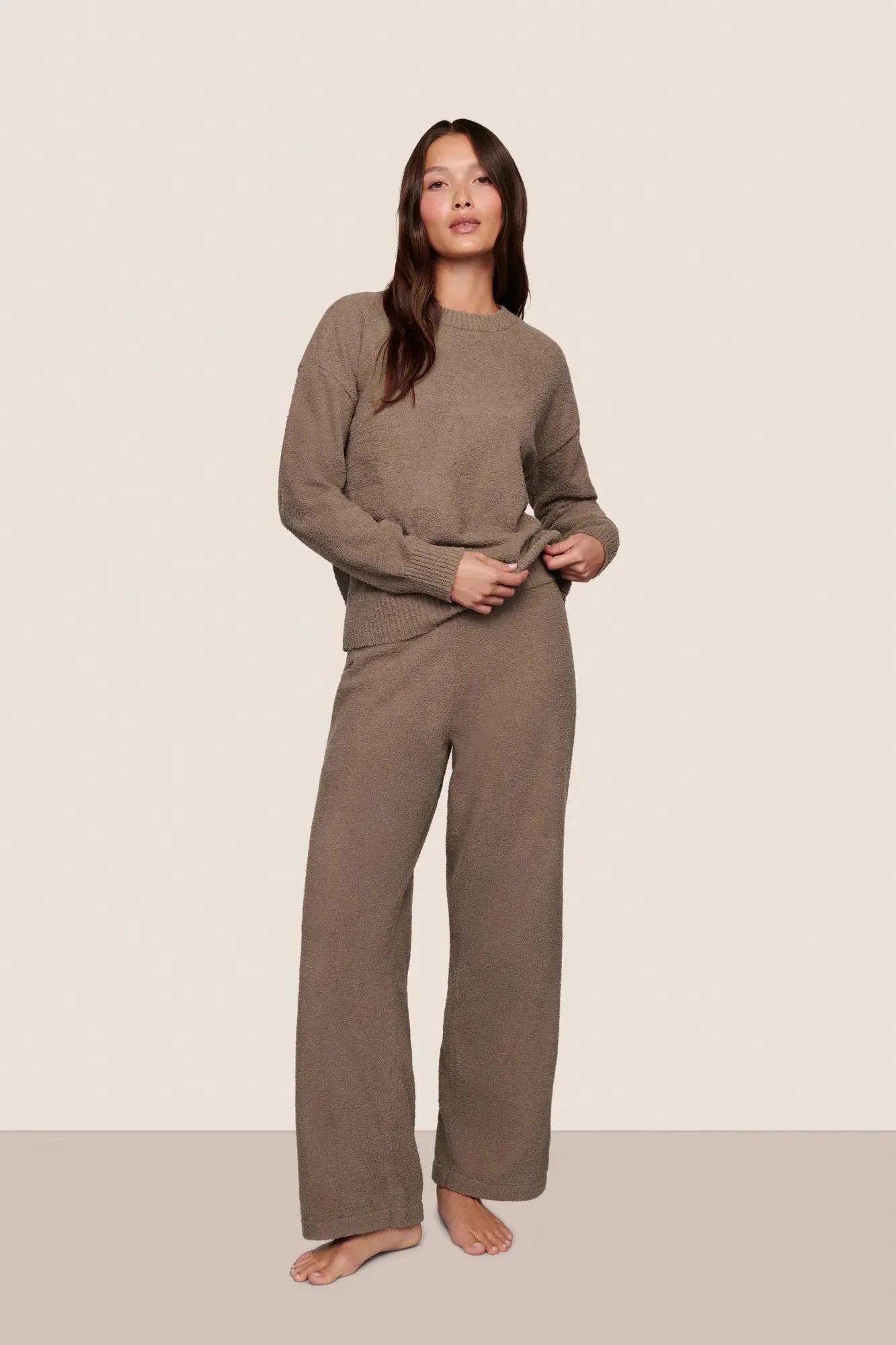 Eberjey Recycled Polyester High-rise, Wide Leg Sweat Pant in Deep Taupe | Shop Eleanor - Women's Elevated Loungewear