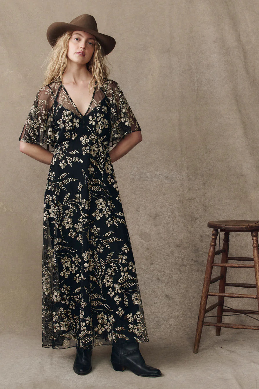 Black and Gold Floral Sweeping Hem Maxi Dress for Holiday Parties | Shop Eleanor
