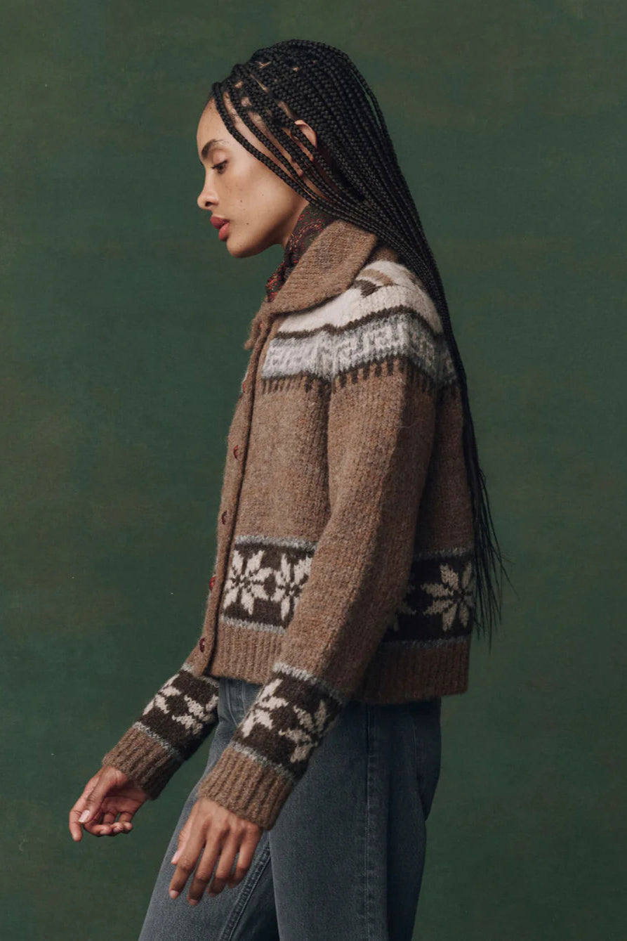 Alpaca wool mid to heavy weight cardigan in brown with floral motifs