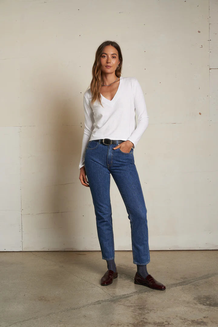 perfectwhitetee Fiona Long Sleeve V-Neck Shirt in White | Shop Eleanor - Women's Elevated Basics