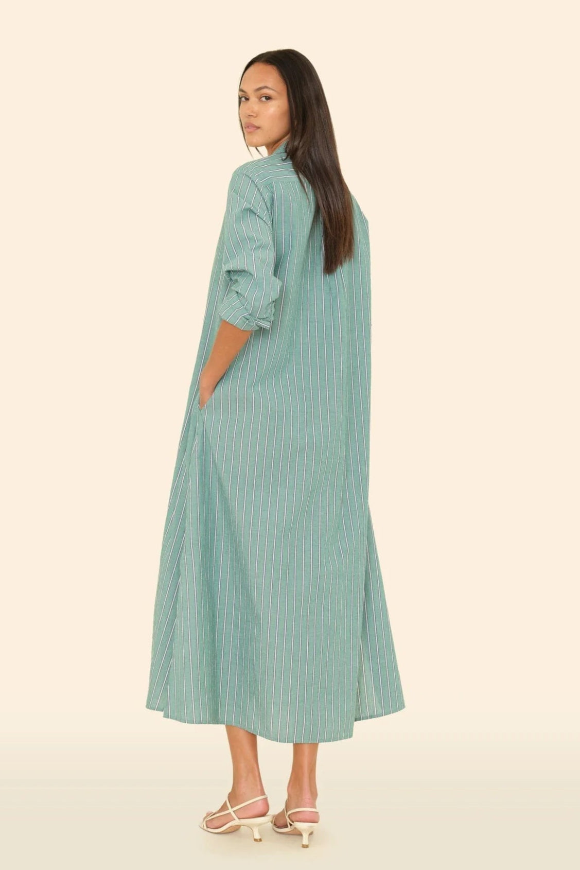 Xírena Boden Layerable Lightweight Button-Up Shirt Dress in Cilantro Stripe | Shop Eleanor - Women's Clothing
