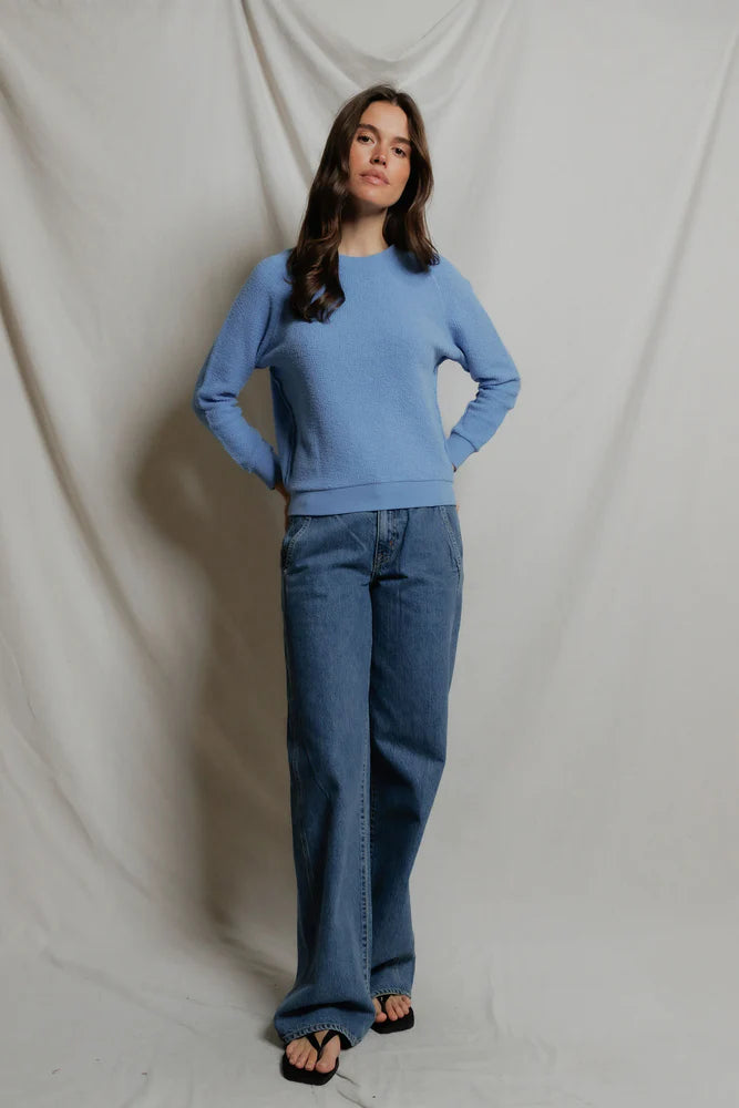 perfect white tee Ziggy Fleece Cotton Crew in Milky Blue | Shop Eleanor