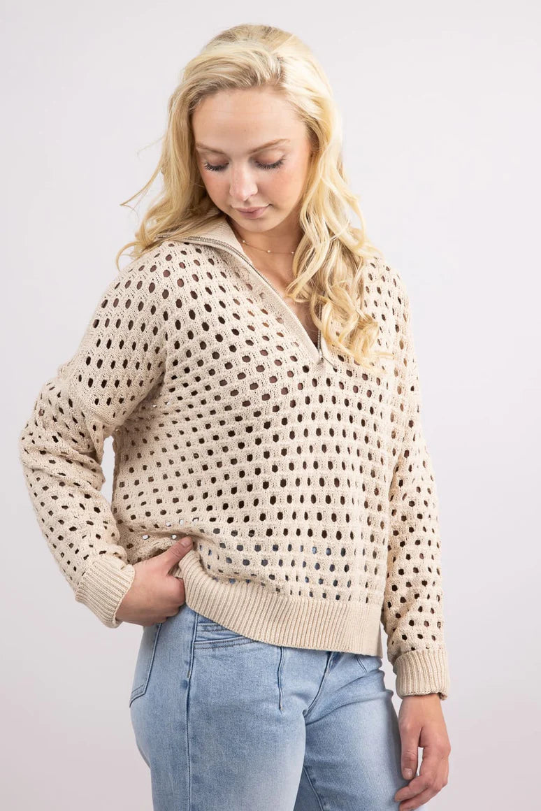 Elan Open-Knit V Neck Zip Front Sweater Top | Shop Eleanor - Women's Online Boutique