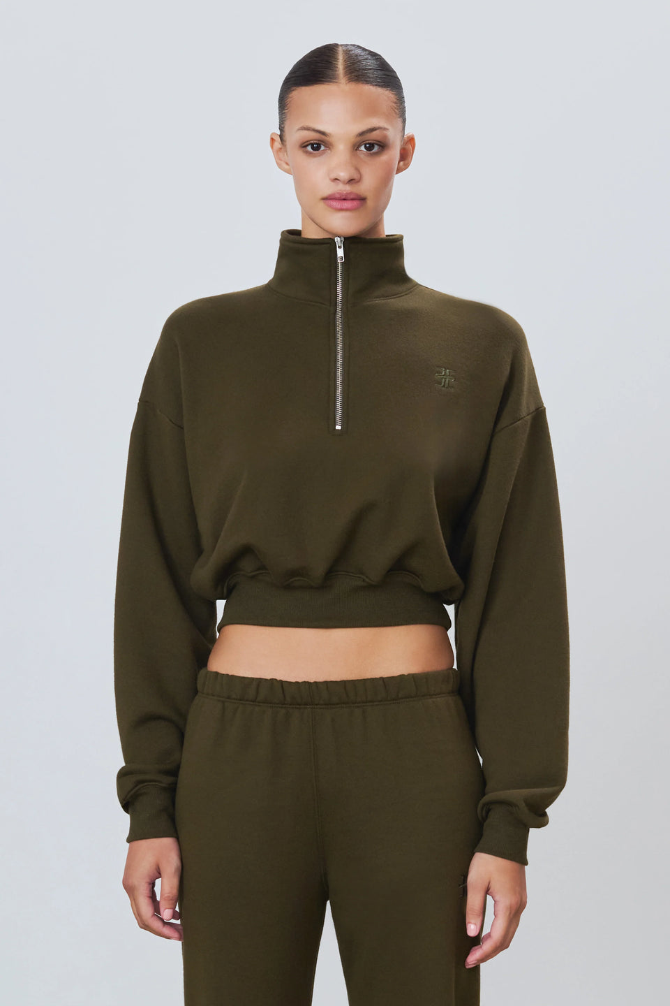 Eterne Cropped Half Zip Sweatshirt in Moss | Shop Eleanor