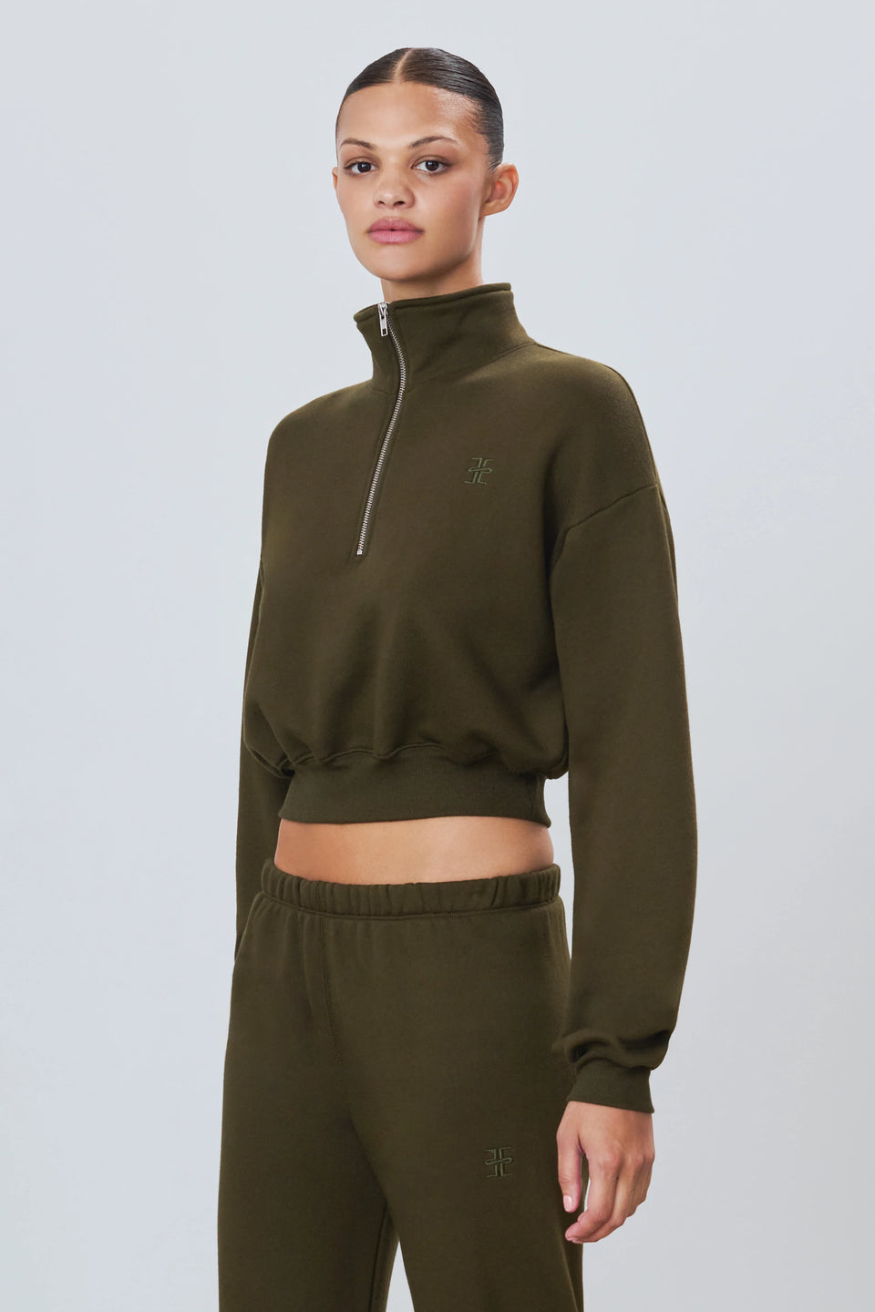 Eterne Cropped Half Zip Sweatshirt in Moss | Shop Eleanor