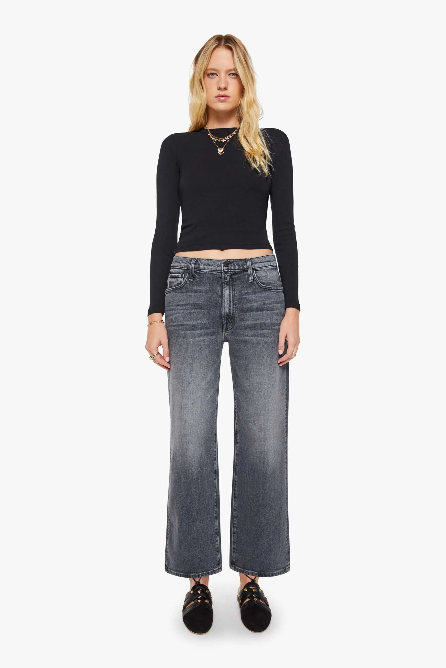 Mother Dodger Flood Faded Black Denim Jean in Outta Sight | Shop Eleanor