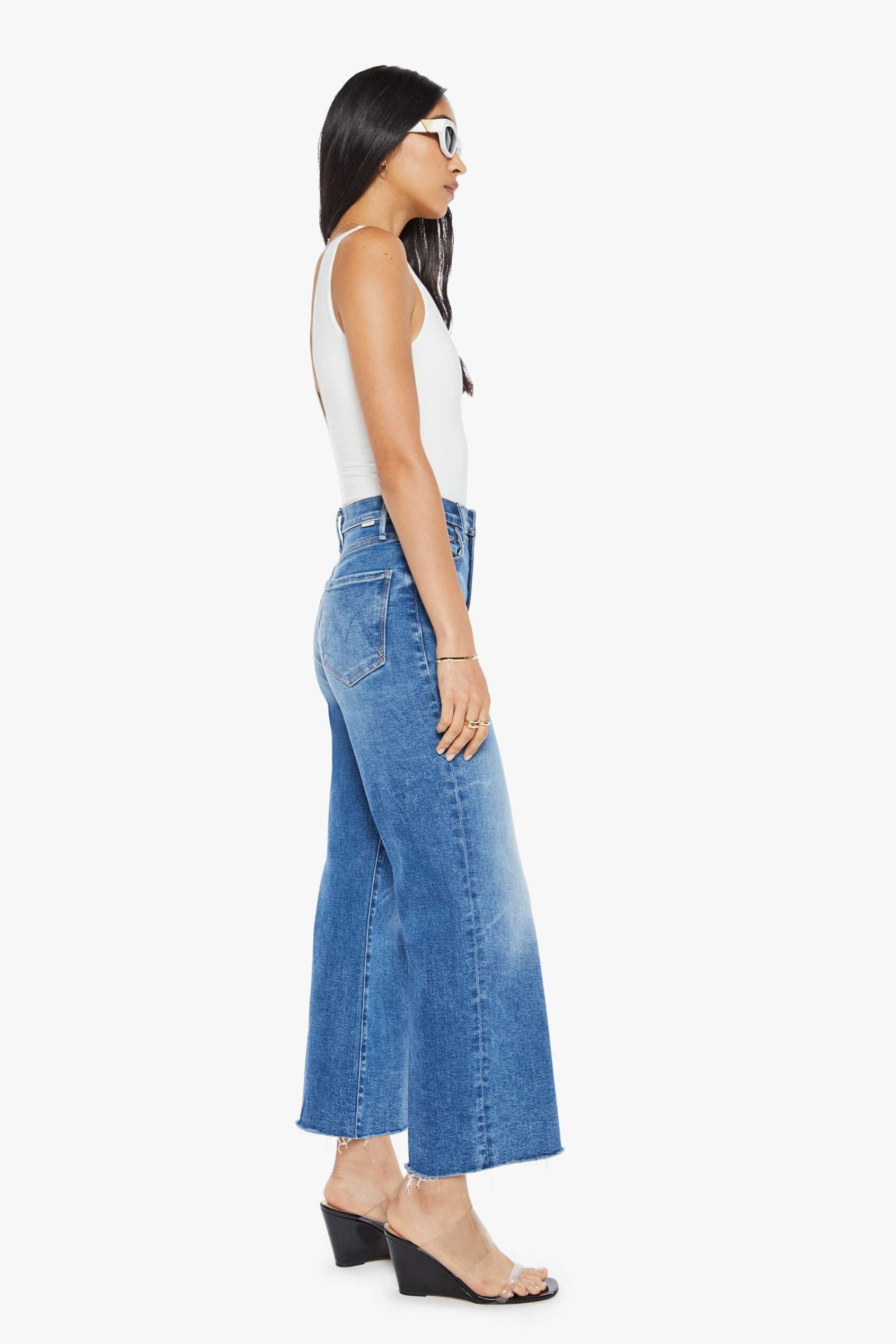 SALE Mother Denim Wide Leg Crop Denim Jean in Mid Wash | Shop Eleanor - Women's Designer Clothing Online Boutique