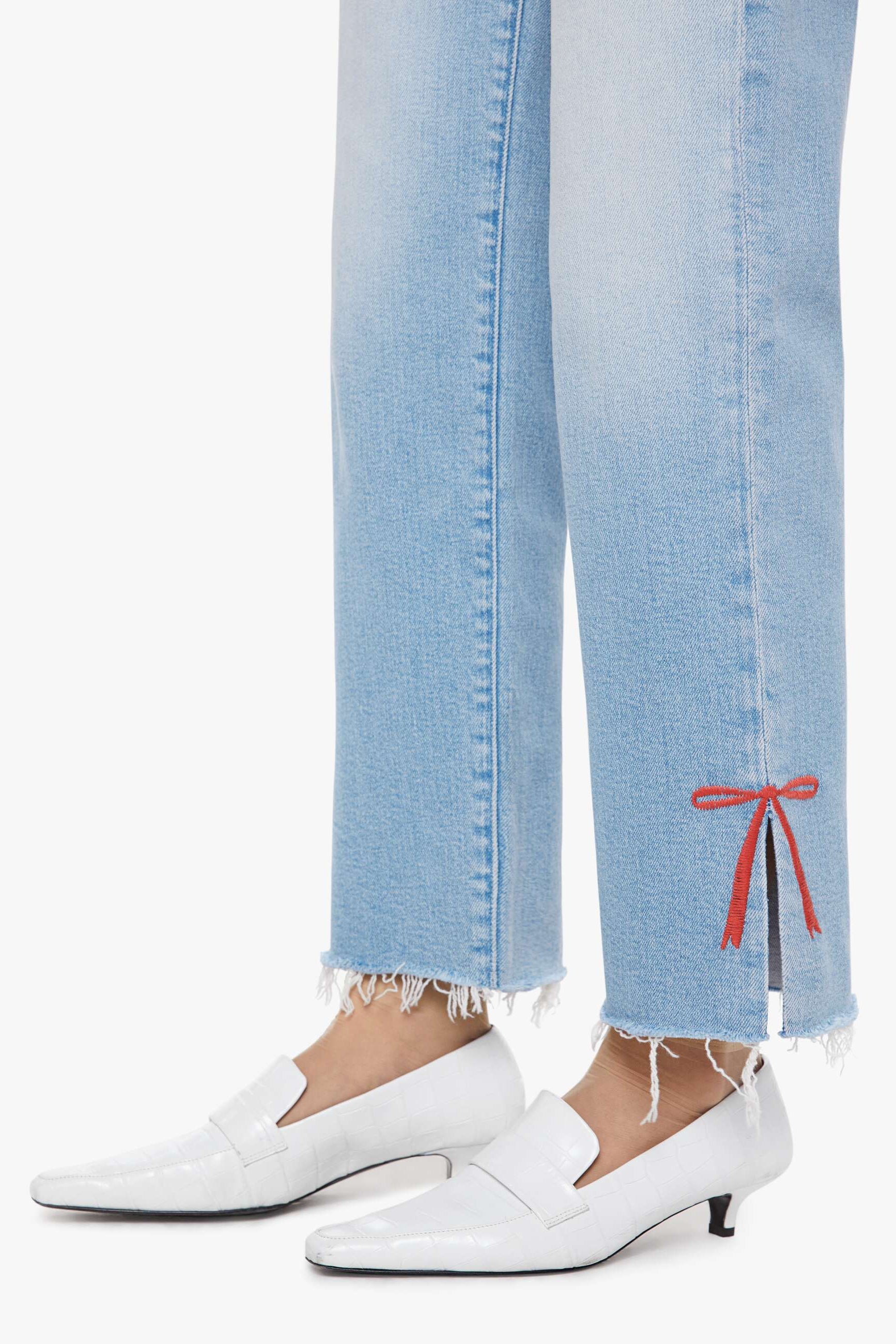 Mother Denim High-rise Light wash Denim with Ribbon Embroidery on Leg Slit | Shop Eleanor
