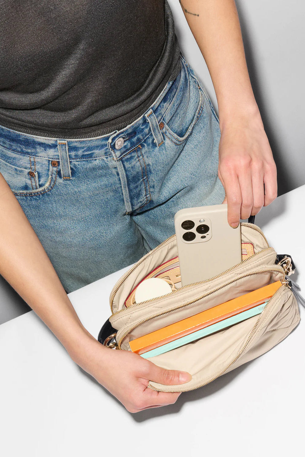 MZ Wallace Madison Flap Crossbody in Buff/Black | Shop Eleanor
