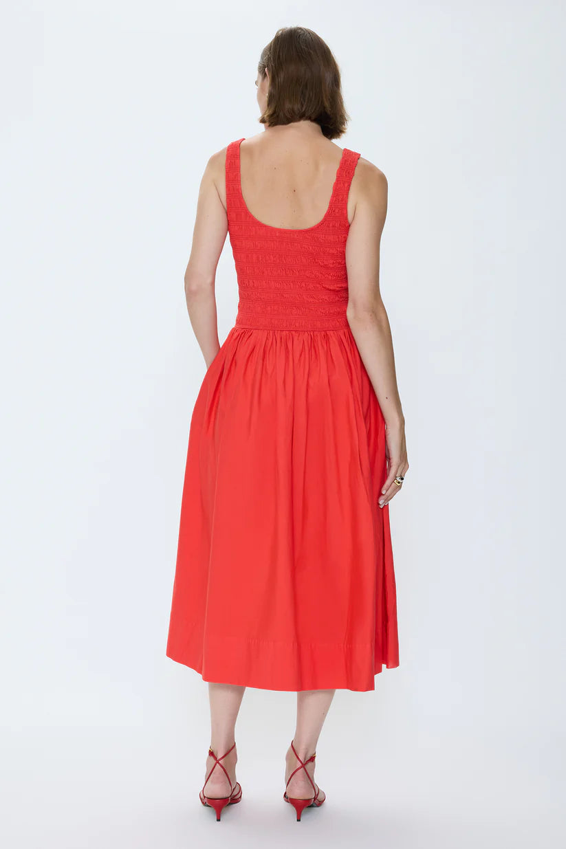 red drop waist, smocked top dress 