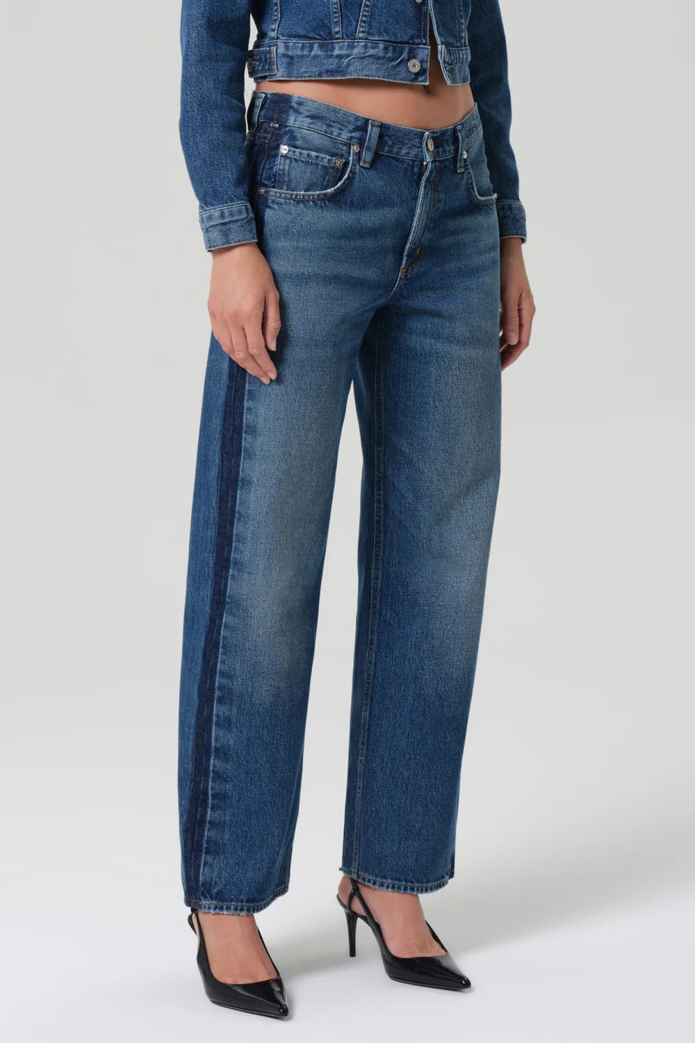 Lindz Low Rise Straight Leg Blue Denim Jean with Contrast Tuxedo Stripe | Shop Eleanor