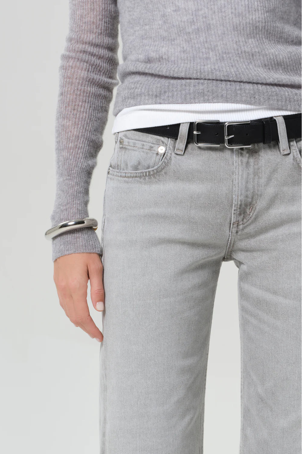 faded grey straight leg flare japanese denim jean