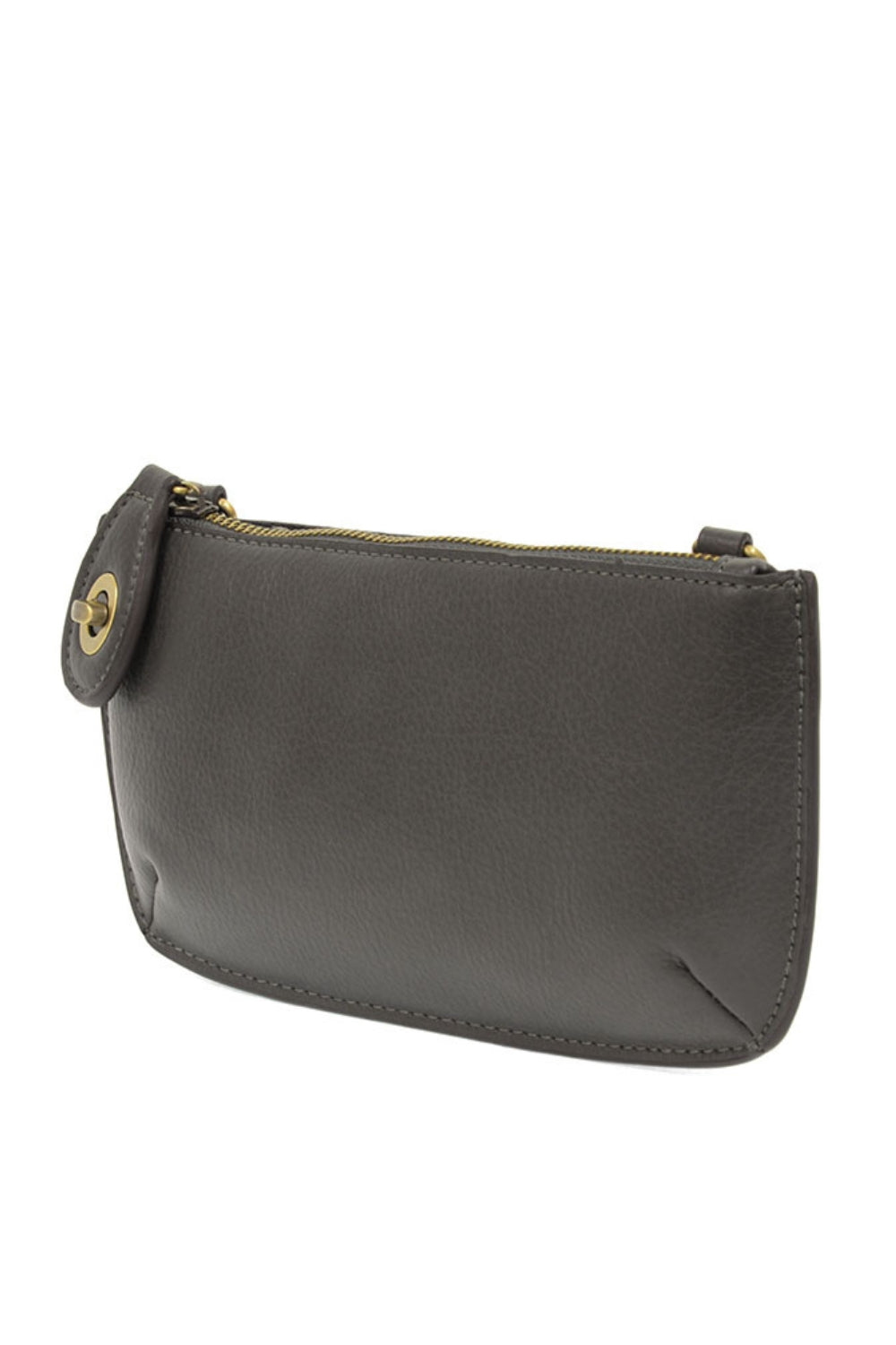 Gray leather pouch with a gold zipper on a white background