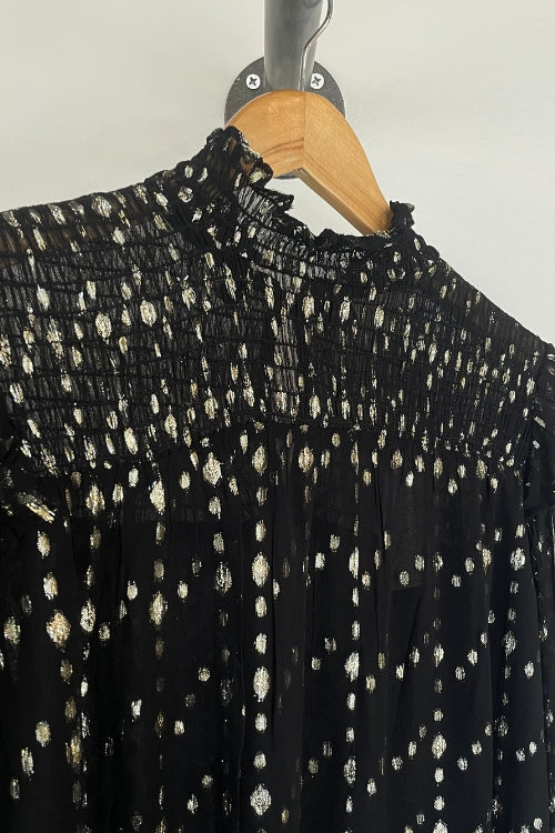 Black Geo Print Ruffle Top